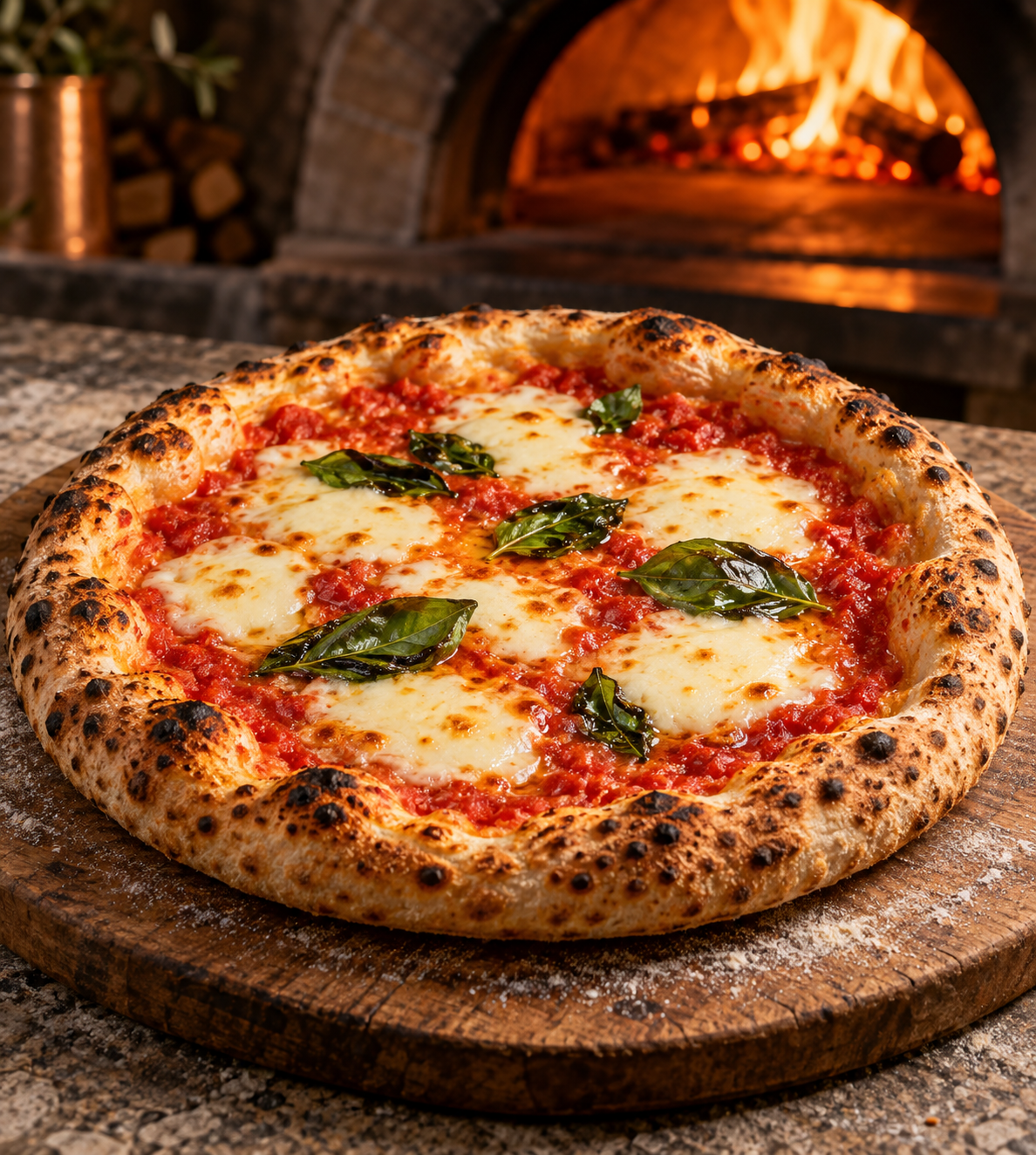 Italienische Steinofenpizza mit Mozzarella und Basilikum vor einem warm leuchtenden Steinofen